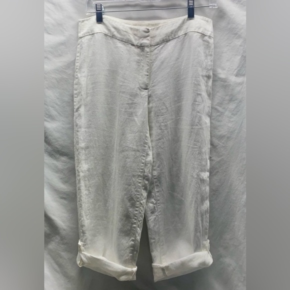 Eileen Fisher 100% LINEN Crops Straight Leg White Crop XS S Roll Tab Legs - Picture 1 of 6